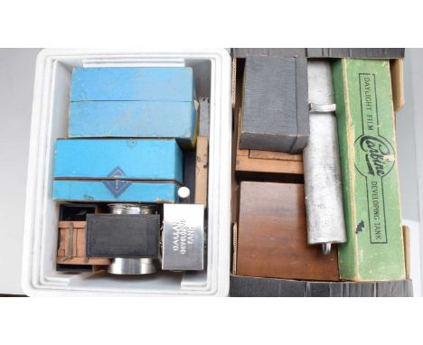 Darkroom Equipment, a Kodak Vest Pocket (some damage to lid), 2½" & 3½ inch tanks, Kodak Developing machine, Carbine daylight