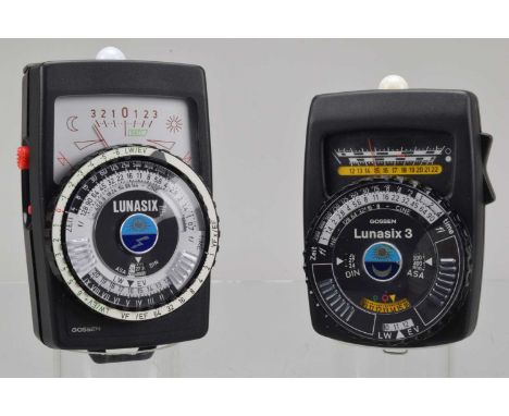 Two Gossen Light Meters, a Lunasix 3 and a Lunasix F, both meters responsive, G-VG, in Gossen cases