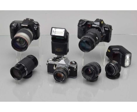 SLR Cameras and Lenses, a Pentax ME Super, shutter not working, meter responsive, body F-G, with SMC 35mm f/2.8, 200mm f/4 & 