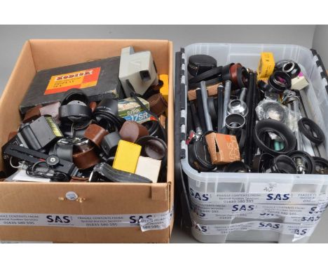 Two Boxes of Camera Related Accessories, including, tripods, rangefinders, light meters, hoods, caps, flash units and other i