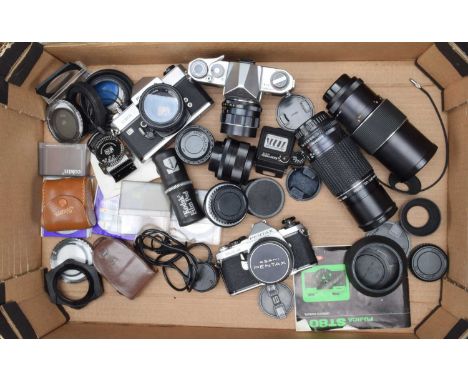 Three SLR Cameras, a Fujica ST801, shutter working, meter responsive, self timer working, body G, with Fujinon 55mm f/1.8 len