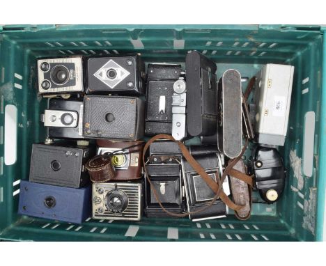 A Tray of Box and Folding Cameras, including an Ensign Ful-Vue, Kodak box cameras, a Bilora Box, Zeiss Ikon, Adox , Kershaw a