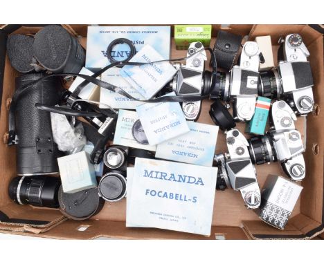 A Tray of Miranda Cameras and Accessories, two Miranda F, a FV, Sensorex & Sensorex II, all with Auto Miranda 5cm/50mm lenses