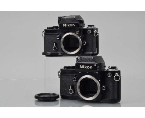 Two Nikon F2 SLR Camera Bodies, both levers jammed, one with jammed shutter button, one with DP-12 AS finder, other with DP-1