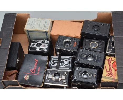 A Tray of Box Cameras, including a Bilora Bronta 66, Ising Pucky I, Gevabox 6 x 9, Certto Doppel box, Baldax Rollbox, Zeiss I