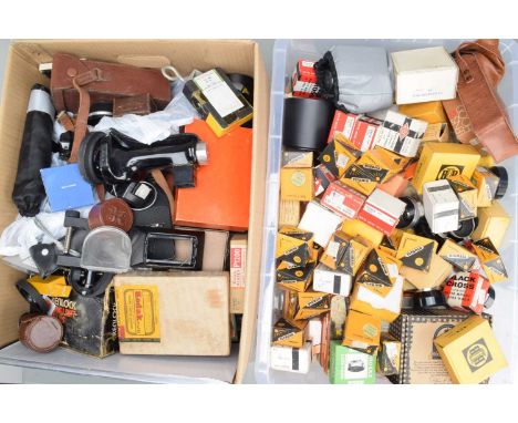 Two Boxes of Camera Related Accessories, including filters, light meters, flash units, tubes, converters and other items