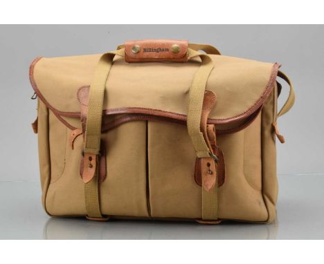 A Billingham Camera Bag, tan canvas, L 42cm, W 20cm, H 18cm approx, some light scuffs and wear, with inserts