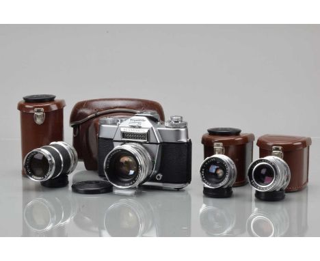 A Voigtländer Bessamatic Deluxe SLR Camera shutter working, light cell responsive, body G-VG, with 50mm f/2 Septon lens, sepa