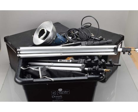 Studio Equipment, including a Courtenay 1000S head, Portaflash 336VM flash, Photax 3200K head, other flash heads, two Manfrot