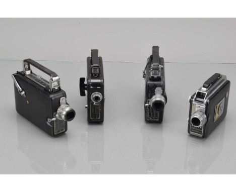 Four Kodak 8mm Cine Cameras, a Kodak Eight Model 20, two Magazine Cine Kodak, motors run, F-G and a Cine Kodak Magazine 8, mo