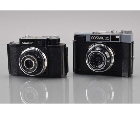 Two Soviet Compact Cameras, a Cuera 2, shutter working, self timer working and a Cosmic 35, shutter working, self timer stutt