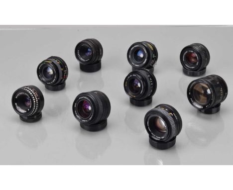 Nine Prime Lenses, various mounts, four 50mm lenses, five 28mm lenses, manufactures include Vivitar, Bell & Howell, Meyer, Mi