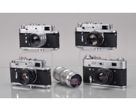 Four Soviet Rangefinder Cameras, a  Celeriac Zorki 4, shutter working, with Jupiter 3 50mm f/1.5 lens, Zorki F, shutter not c