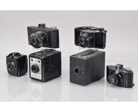Bakelite and Box Cameras, a Bilora Boy, black, in case, Wembley Sports, Boyer Photax Serie VIII, Artima Photo Magic, Coronet 