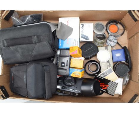Compact Cameras and Camera Related Accessories, a Pentax ESPIO 140, Miranda Solo AF-2. Halina Panorama, filters, hoods, three