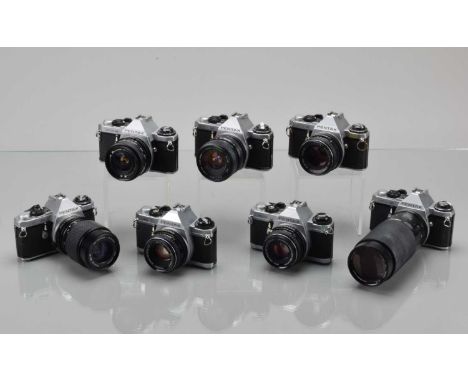A Tray of Pentax SLR Cameras, five ME Super, one with SMC 55mm f/1.8 lens, ne with 50mm f/2.8 lens, other three with Chinon/M