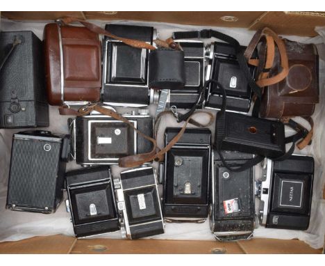 A Tray of Folding Cameras, including a Kodak Retina Ia, Ensign 220 Auto Range, Zeiss Ikon Nettars and other examples, overall