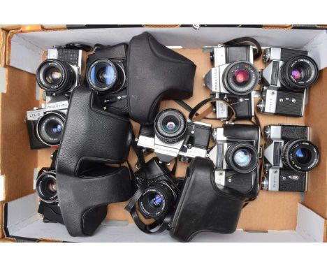 A Tray of Eastern Bloc SLR Camera Bodies, a Praktica LLC, with Carl Zeiss Jena 50mm f/1.8 Pancolor lens, MTL 3, with Mirage 2