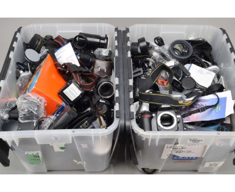 Two Boxes of Camera Related Accessories, including Nikon 70, shutter fires, otherwise untested, body AF, filters, light meter