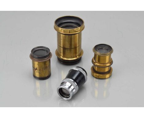 Three Brass Lenses a R J Beck 8½ x 6½ 11 inch lens, F, unmarked f/8 lens F, large unmarked brass lens, F, with a Schneider Kr