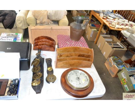 A W Burton Grimsby Aneroid Barometer with leather mounted horse brasses, paper racks, copper jug, footstool 