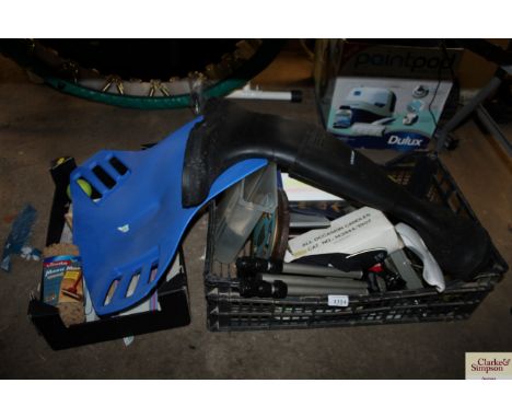 A box containing a pair of Dunlop size 11 Wellington boots, camera tripod, back rest etc.
