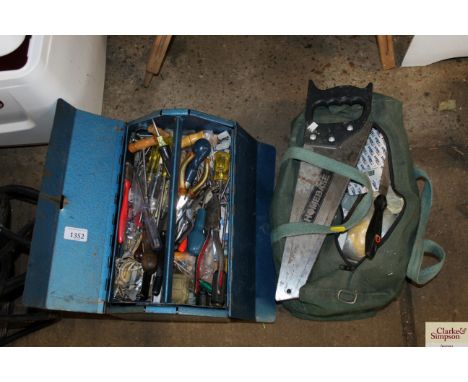 A bag of tools and a tool box and contents 