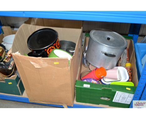 Two boxes of various kitchenalia to include saucepans; enamel dish etc