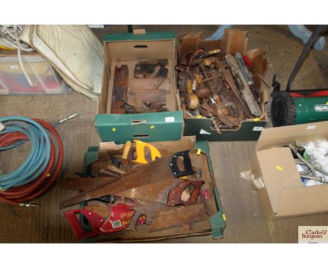 Three boxes of tools including planes, saws etc.