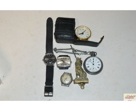 A box containing an Ingersoll pocket watch; Ingersoll wrist watch; a Junghans wrist watch; Timex watch etc