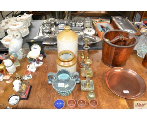 A quantity of brass candle sticks; copper and silver plated candle stick; Henry Watson pottery etc