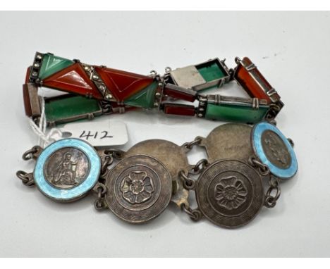 A enamel and silver bracelet together with a silver and marcasite and paste example