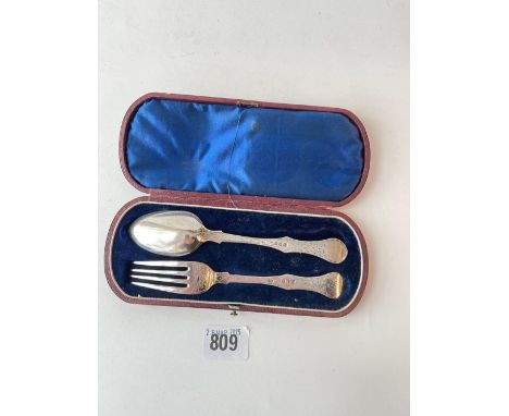 Good quality Victorian Child’s spoon and fork, engraved decoration. London 1848 By T S 68gm. boxed