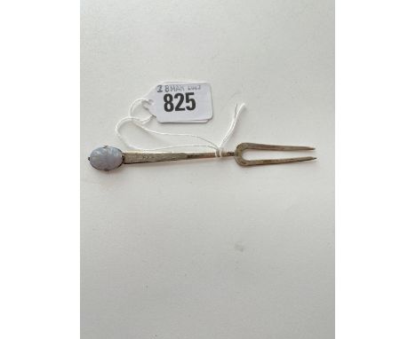 A decorative Chinese 2 prong fork inset with carved hard stone (marked), 5” long