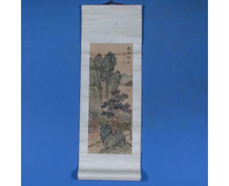 A Chinese miniature painted scroll on paper, depicting a river landscape fully signed with artists red seal, 18" x 7"