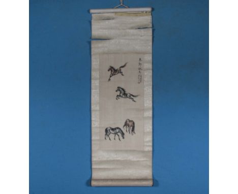 A Chinese miniature painted scroll on paper, depicting four horses fully signed with artists red seal, 22" x 8"