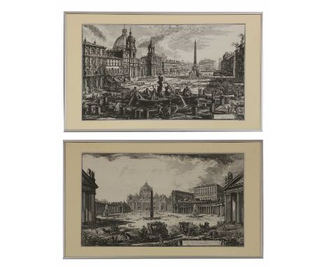 Two Pirensi prints,Veduta della gran Piazza e Basilica di San Pedro; Veduta di Piazza Navona, mounted and framed, 53 x 78cm (