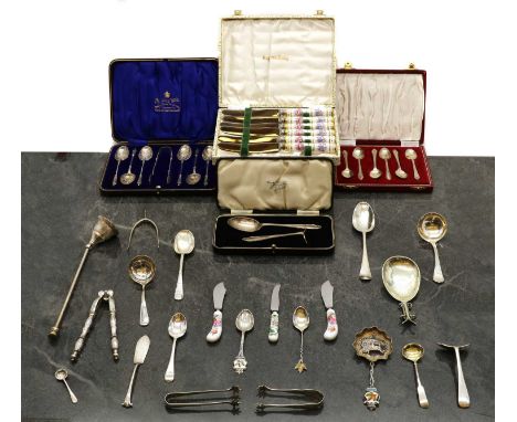 A collection of silver flatware,to include a cased Christening set, comprising a pusher and spoon, Sheffield 1960, a cased se