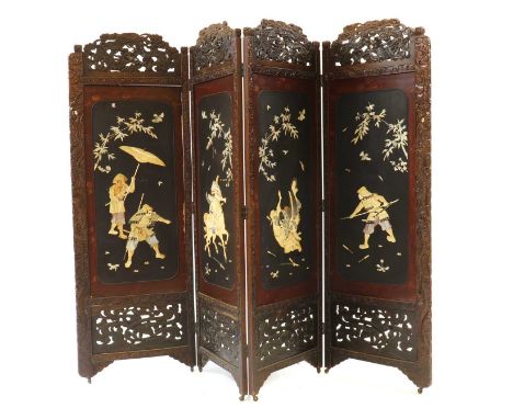 A Japanese lacquered four-section screen,late 19th century, each panel inset with a bone Samurai warrior below mother of pear