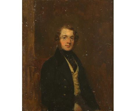 Henry Spurrier Parkman (1814-1864)Portrait of a gentleman, half-length, seated in a black coat and yellow waistcoatsigned and