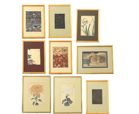 A group of nine Japanese woodblock prints,comprising: Utagawa Hiroshige, labelled, 'Kanadehon Chuhinggura' (The Treasury of L