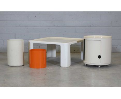 A C&amp;B Italia 'Amanta' table,designed by Mario Bellini, 70cm square55cm high, a Kartell bedside cabinet, 43cm high and two