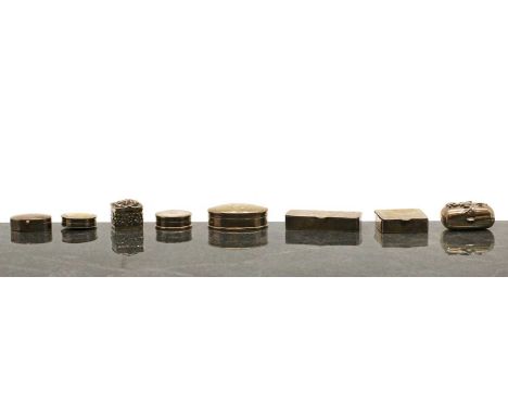 A group of silver snuff and patch boxes,comprising eight examples, all marked 925, of circular, rectangular and oval form, wi