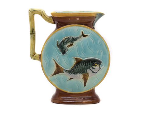 A Joseph Holdcroft majolica moon flask,late 19th century, aesthetic style, the handle of bamboo form, leading to a body decor