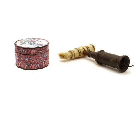 A Thomason type brass corkscrew,19th century, with a royal patent, and bone handle,18cm hightogether with a Canton enamel box