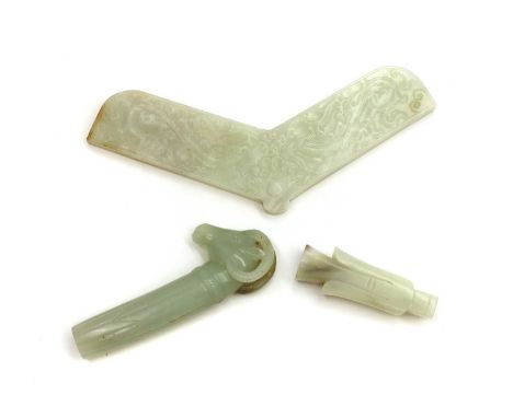 A collection of Chinese jade, comprising a fan shape plaque, a ram-shaped parasol handle and a figure tube (3) 17cm, 10cm and
