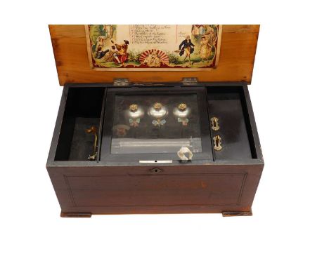 A Swiss bells in view music box,late 19th to early 20th century, the 16cm cylinder playing eight airs, complete with three be