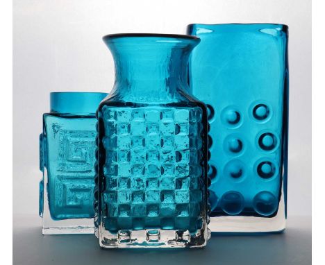 A Whitefriars Textured Range Mobile Phone glass vase,in Kingfisher Blue, model 9670,16.2cm high,together with a Chess Board v