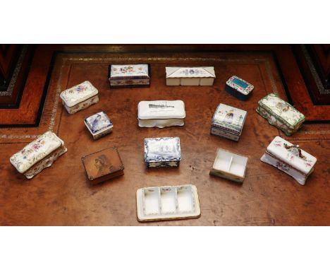 A collection of porcelain stamp boxes,to include a Henriot Quimper example, an Austrian example, painted with putti, to green