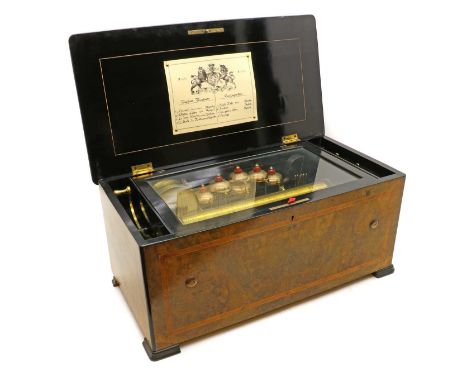 A Swiss orchestral music boxlate 19th century, the 33cm long cylinder, cylinder playing eight airs, complete with six bells, 